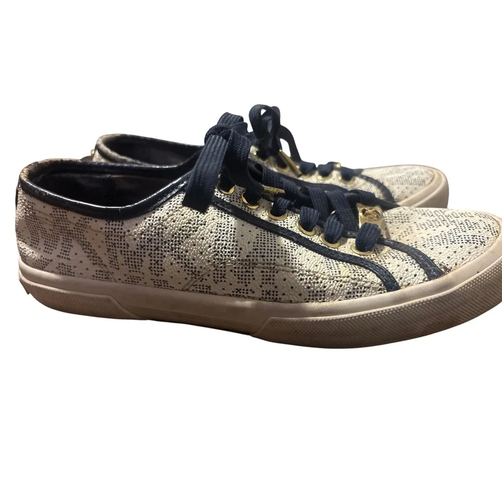 Michael Kors Womens Navy White Monogram Lace Up Sneakers Gold Hardware Size 6M